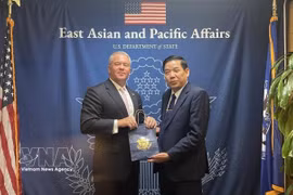 El viceministro vietnamita de Defensa Nacional, Nguyen Van Gau (derecha), y el subsecretario de Estado de Estados Unidos para Asuntos de Asia Oriental y el Pacífico, Michael George DeSombre, durante su reunión del 10 de agosto (Foto: VNA)).
