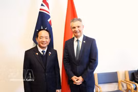 El miembro del Buró Político, secretario del Comité Central del PCV y presidente de su Comisión de Propaganda y Educación, Trinh Van Quyet (izquierda), se reúne con el ministro asistente de Asuntos Exteriores y Comercio de Australia, Matt Thistlethwaite. (Foto: VNA)