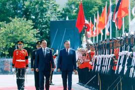 El secretario general del Partido Comunista y presidente de Vietnam, To Lam, y el primer ministro de Tailandia, Anutin Charnvirakul, pasan revista a la guardia de honor (Foto: VNA)