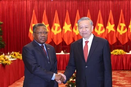 El secretario general del Partido Comunista de Vietnam, To Lam (derecha), recibe a Jorge Inocencio Dombolo, miembro del Buró Político del Movimiento Popular de Liberación de Angola. (Foto: VNA)