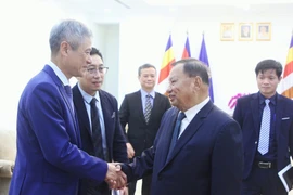 El embajador de Vietnam en Camboya, Nguyen Minh Vu (izquierda), saluda a Samdech Say Chhum, presidente del Comité Permanente del PPC y expresidente del Senado. (Foto: VNA)