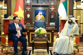 El primer ministro de Vietnam, Pham Minh Chinh (izquierda), mantiene conversaciones con el vicepresidente y primer ministro de los Emiratos Árabes Unidos, el jeque Mohammed bin Rashid Al Maktoum, en Dubái el 28 de octubre de 2024 (hora local) (Foto: VNA)