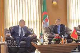 El embajador de Vietnam en Argelia, Tran Quoc Khanh, se reúne con el gobernador de Annaba, Abdelkrim Lamouri. (Foto: VNA)