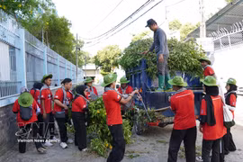 Estudiantes voluntarios malasios participan en la recolección de ramas de árboles en el barrio de Trung My Tay. (Foto: VNA)