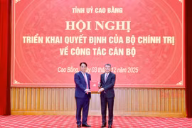 El jefe de la Comisión de Organización del Comité Central del PCV, Le Minh Hung (der.), presenta la decisión a Phan Thang An (Foto: VNA)
