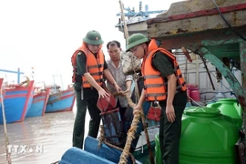 Las autoridades ayudan a los pescadores de la comuna de Hai Thinh (Ninh Binh) a prevenir la tormenta. (Foto: VNA)