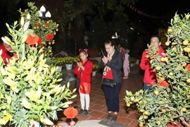 Los vietnamitas en Laos visitan la pagoda Phat Tich en Vientiane, el primer día del Año Nuevo Lunar. (Foto: VNA)