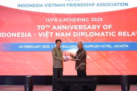 El presidente de la IVFA, Budiarsa Sastrawinata (izquierda), entrega una distinción al embajador de Vietnam en Indonesia, Ta Van Thong. (Foto: VNA)