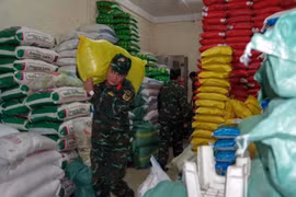 Las fuerzas funcionales llevan arroz para distribuirlo a la población afectada por las inundaciones (Foto: VNA)