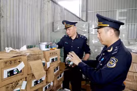 Agentes de aduanas del puesto fronterizo internacional de Huu Nghi (provincia de Lang Son) revisan las etiquetas de las mercancías importadas (Foto: VNA)