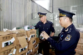 Agentes de aduanas del puesto fronterizo internacional de Huu Nghi (provincia de Lang Son) revisan las etiquetas de las mercancías importadas (Foto: VNA)