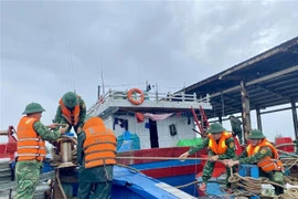 Las autoridades ayudan a los pescadores a amarrar los barcos (Foto: VNA)