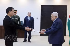 El embajador de Vietnam en Egipto, concurrente en Palestina, Nguyen Nam Duong, presenta las cartas credenciales al presidente palestino, Mahmoud Abbas. (Foto: VNA)