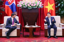 El general Luong Tam Quang (izquierda), ministro de Seguridad Pública de Vietnam, recibe a Robert Kaliňák, viceprimer ministro y titular de Defensa de Eslovaquia. (Foto: VNA)