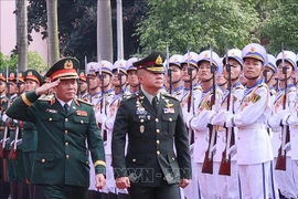 El jefe del Estado Mayor del Ejército Popular de Vietnam y viceministro de Defensa Nacional, general Nguyen Tan Cuong (izquierda), y el jefe de las Fuerzas de Defensa de Tailandia, general Songwit Noonpackdee, pasan revista a la guardia de honor (Foto: VNA)