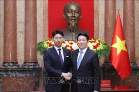 El presidente de Vietnam, Luong Cuong (derecha), recibe a Nakasone Yasutaka, jefe de la División Juvenil del LDP de Japón (Foto: VNA)