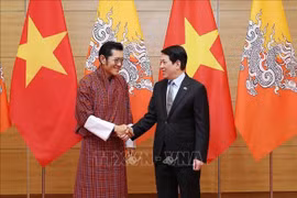 El presidente vietnamita, Luong Cuong (derecha), saluda al Rey butanés, Jigme Khesar Namgyel Wangchuck (Foto: VNA)