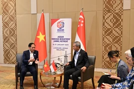 El viceprimer ministro y ministro de Relaciones Exteriores de Vietnam, Bui Thanh Son (izquieda), se reúne con el ministro de Relaciones Exteriores de Singapur, Vivian Balakrishnan, en el marco de la Reunión restringida de Ministros de Relaciones Exteriores de la ASEAN.(Foto: VNA)