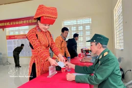 Los pobladores de la minoría étnica Dao en la aldea de Na Trang, comuna de An Lac, provincia de Bac Ninh, participan en las elecciones. (Foto: VNA)