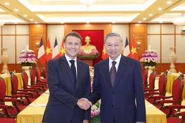 El secretario general del Partido Comunista de Vietnam, To Lam (derecha), se reúne con el presidente francés, Emmanuel Macron (Foto: VNA)