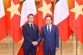 El presidente de la Asamblea Nacional de Vietnam, Tran Thanh Man (derecha), saluda al presidente de Francia, Emmanuel Macron (Foto: VNA)