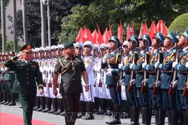 El general Nguyen Tan Cuong, jefe del Estado Mayor General del EPV y viceministro de Defensa, y el mayor general Dato Paduka Seri Faji Muhammad Haszaimi Bin Bol Hassan, comandante de las FARB de Brunéi, pasan revista a la guardia de honor. (Foto: VNA)