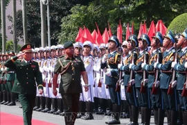 El general Nguyen Tan Cuong, jefe del Estado Mayor General del EPV y viceministro de Defensa, y el mayor general Dato Paduka Seri Faji Muhammad Haszaimi Bin Bol Hassan, comandante de las FARB de Brunéi, pasan revista a la guardia de honor. (Foto: VNA)