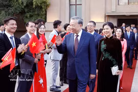 El secretario general del Partido Comunista de Vietnam y presidente de la República, To Lam, su esposa, Ngo Phuong Ly, se reúnen con los compatriotas residentes en China. (Foto: VNA)