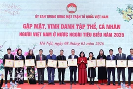 La presidenta del FPV, Bui Thi Minh Hoai, entrega los certificados de reconocimiento a los colectivos ejemplares (Foto: VNA)