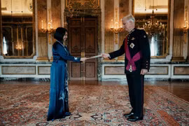 La embajadora de Vietnam en Bélgica, Nguyen Huong Tra, presenta sus cartas credenciales al rey Felipe. (Fuente: Casa Real de Bélgica)