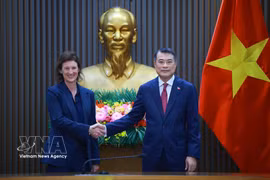 El primer ministro vietnamita, Le Minh Hung, recibe a Fiona Bassett, directora general ejecutiva del proveedor global de índices FTSE Russell. (Fuente: VNA)