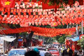 La calle Hang Ma, en el barrio de Hoan Kiem (Hanói), está cubierta de banderas rojas con estrellas doradas. (Fuente: VNA)