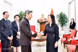 La viceministra de Relaciones Exteriores de Vietnam Le Thi Thu Hang recibe al diputado Rolf Mützenich, miembro de la Comisión de Asuntos Exteriores del Bundestag (Parlamento Federal) de Alemania. (Fuente: baoquocte.vn)