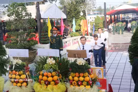 Le Minh Tri, jefe de la Comisión de Asuntos Internos del Comité Central del Partido Comunista de Vietnam, y delegados ofrecen inciensos ante el monumento en el Cementerio de los Mártires de la ciudad de Can Tho. (Foto: VNA)