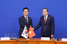 El presidente de la Asamblea Nacional de Vietnam, Tran Thanh Man, (derecha) se reúne con el presidente del Partido Democrático de Corea, Kim Min Seok. (Fuente: VNA)