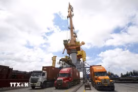 Camiones que transportan mercancías de exportación en el puerto de Tan Vu (Hai Phong). (Fuente: VNA)