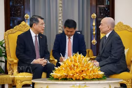 El primer ministro vietnamita, Le Minh Hung, se reúne con el Rey de Camboya, Norodom Sihamoni. (Fuente: VNA)