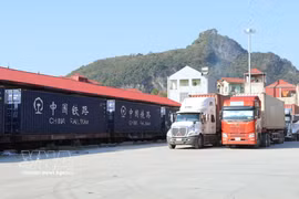 Vehículos que transportan mercancías de importación y exportación a través del paso fronterizo de la Estación Ferroviaria Internacional de Dong Dang (Lang Son). (Foto: VNA)