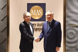 El viceprimer ministro permanente de Vietnam, Nguyen Hoa Binh, (derecha) se reúne con su homólogo de Singapur, Gan Kim Yong. (Fuente: VNA)