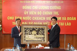 El presidente Luong Cuong entregó la pintura Khue Van Cac a la Embajada de Vietnam en Laos. (Fuente: VNA)