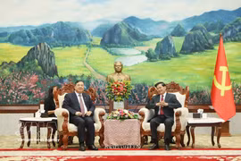 El secretario general del Partido Popular Revolucionario y presidente de Laos, Thongloun Sisoulith, se reúne con el viceprimer ministro permanente vietnamita, Pham Gia Tuc (derecha). Fuente: VNA