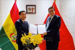 El embajador Bui Van Nghi entrega la decisión del viceprimer ministro y canciller vietnamita sobre la reasignación de Miguel Angel Pérez Peña como cónsul honorario de Vietnam en Bolivia. (Fuente: VNA) 