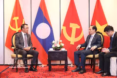 El miembro del Buró Político y ministro de Relaciones Exteriores de Vietnam, Le Hoai Trung (derecha) y Bounleua Phandanouvong, jefe de la Comisión de Relaciones Exteriores del Comité Central del Partido Popular Revolucionario de Laos. (Fuente: VNA)