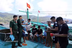 Oficiales del Comando de la Guardia Fronteriza de la ciudad de Da Nang difunden información sobre la pesca IUU entre los pescadores locales. (Fuente: VNA) 