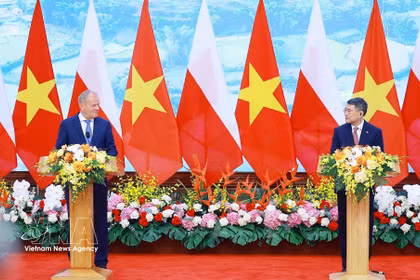 El primer ministro vietnamita, Le Minh Hung, (izquierda) y su homólogo polaco, Donald Tusk. (Fuente: VNA) 