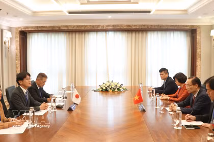 Encuentro entre el canciller de Vietnam, Le Hoai Trung, y el gobernador de la prefectura de Nara, Yamashita Makoto. (Fuente: VNA)