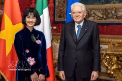 El presidente italiano, Sergio Mattarella, y la embajadora de Vietnam en Italia, Nguyen Phuong Anh. (Foto: VA)