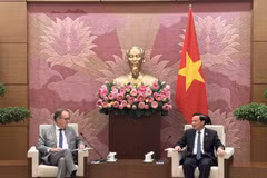El vicepresidente de la Asamblea Nacional de Vietnam, Nguyen Khac Dinh, recibe al senador Alain Cadec, titular del Grupo de Amistad Francia-Vietnam del Senado francés. (Foto: VNA)