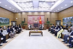 El presidente de la Asamblea Nacional de Vietnam, Tran Thanh Man, recibe al titular del Tribunal Supremo Popular de Laos, Viengthong Siphandon. (Foto: VNA)