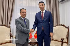 El embajador de Vietnam, Nguyen Thanh Le, presentó en Biskek una copia de sus cartas credenciales al viceministro de Asuntos Exteriores de Kirguistán, Meder Abakirov. (Foto: VNA)